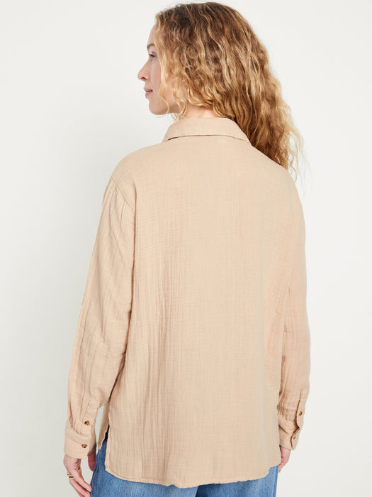 Crinkle Gauze Button-Down Boyfriend Shirt
