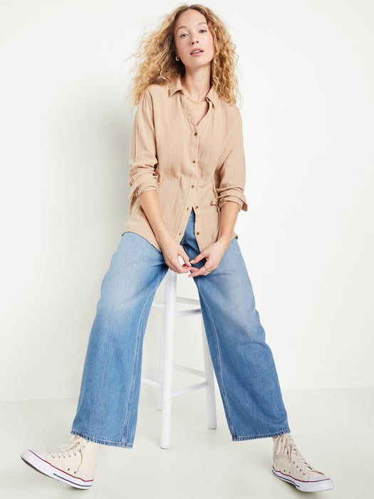 Crinkle Gauze Button-Down Boyfriend Shirt