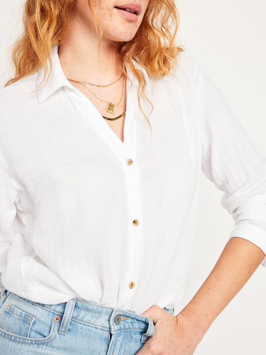 Crinkle Gauze Button-Down Boyfriend Shirt