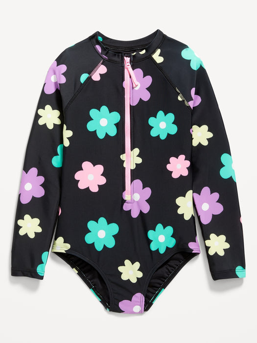 Printed Zip-Front One-Piece Rashguard Swimsuit for Girls
