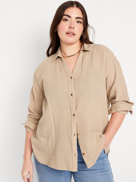 Crinkle Gauze Button-Down Boyfriend Shirt