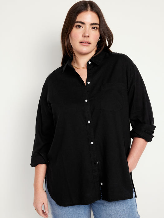 Linen-Blend Button-Down Boyfriend Shirt