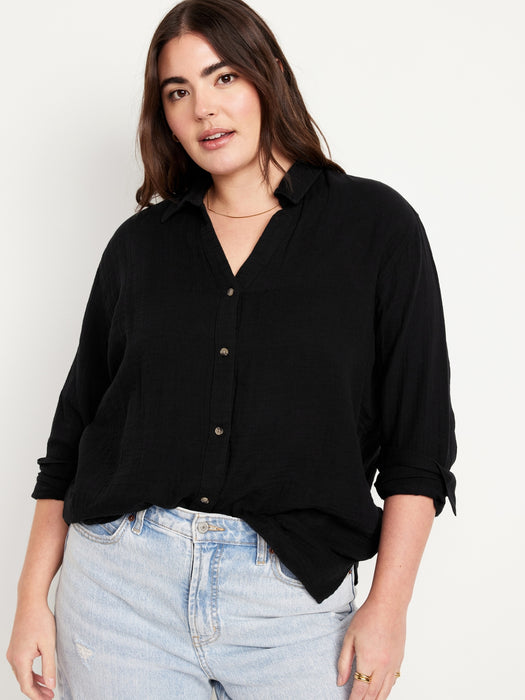 Crinkle Gauze Button-Down Boyfriend Shirt