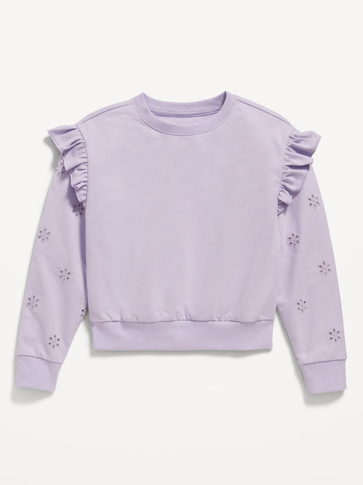 Ruffled Floral-Eyelet Crew-Neck Sweatshirt for Girls