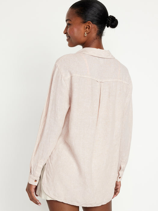 Linen-Blend Button-Down Boyfriend Shirt