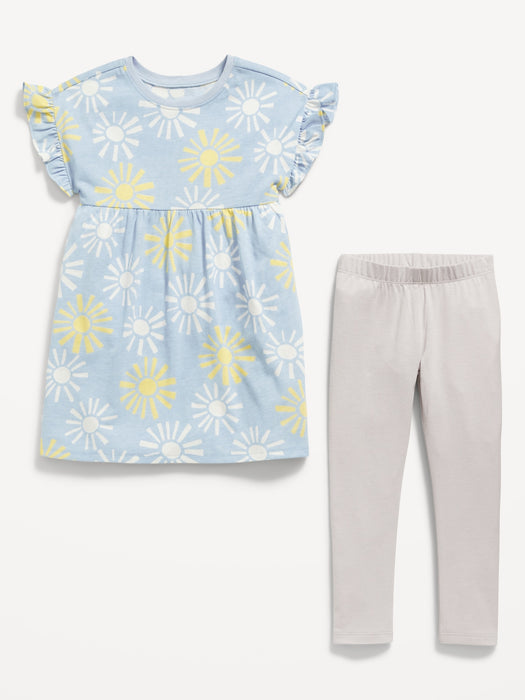 Flutter-Sleeve Dress & Leggings Set for Toddler Girls