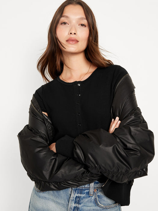 Short-Sleeve Waffle-Knit Henley Top