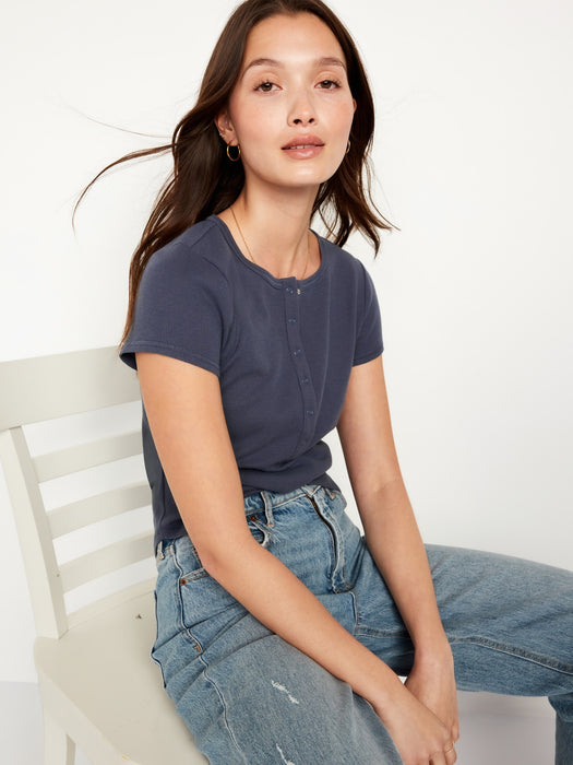 Short-Sleeve Waffle-Knit Henley Top