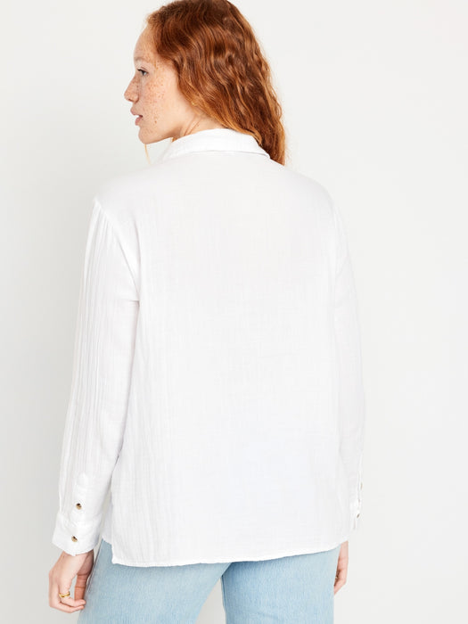 Crinkle Gauze Button-Down Boyfriend Shirt