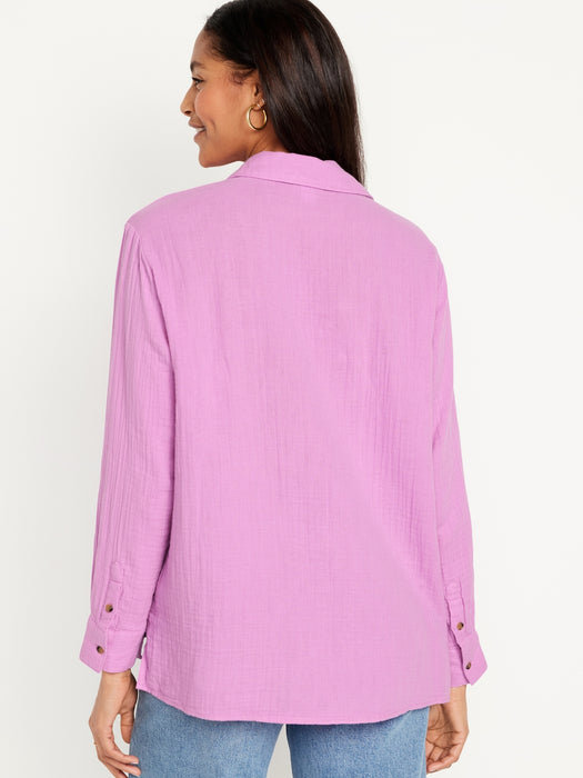 Crinkle Gauze Button-Down Boyfriend Shirt