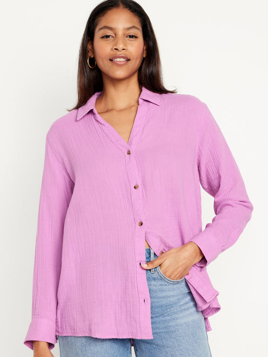 Crinkle Gauze Button-Down Boyfriend Shirt