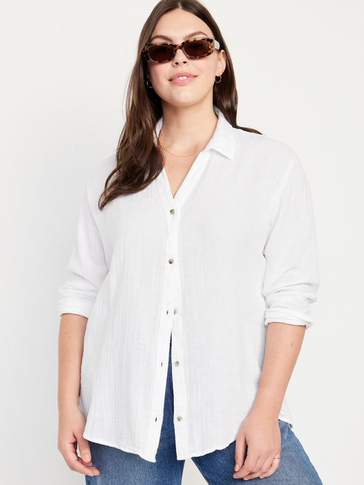 Crinkle Gauze Button-Down Boyfriend Shirt
