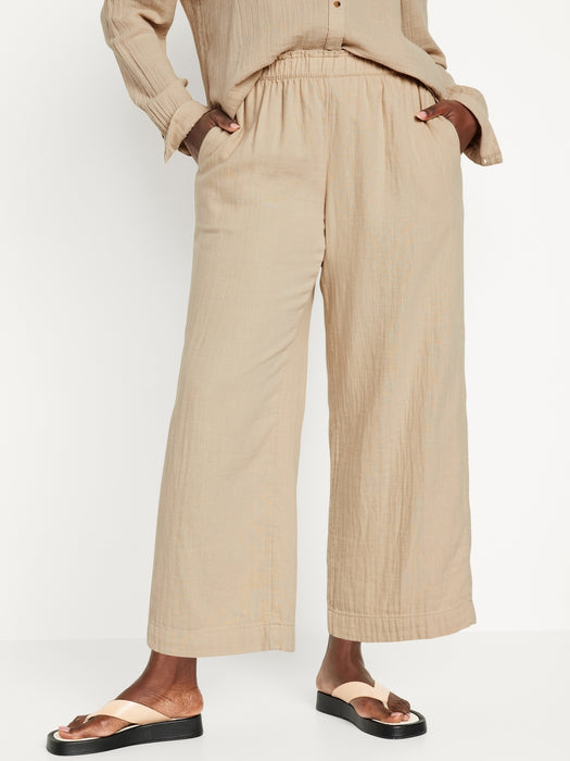 High-Waisted Crinkle Gauze Pull-On Ankle Pants