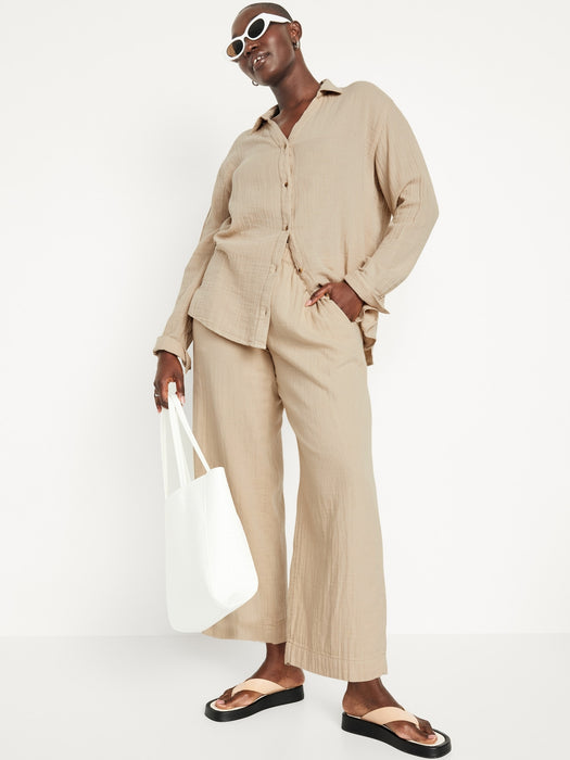 High-Waisted Crinkle Gauze Pull-On Ankle Pants