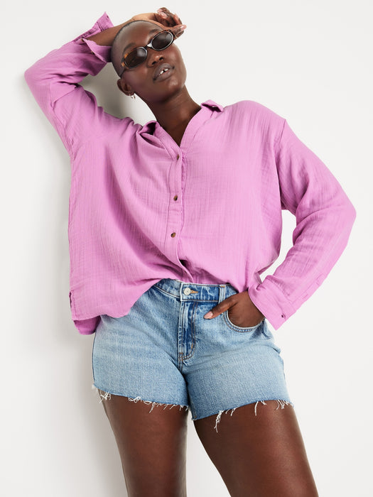 Crinkle Gauze Button-Down Boyfriend Shirt