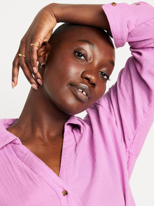 Crinkle Gauze Button-Down Boyfriend Shirt