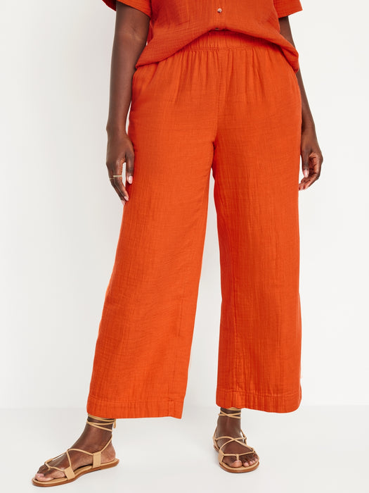 High-Waisted Crinkle Gauze Pull-On Ankle Pants