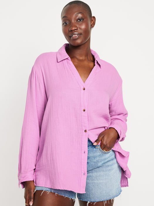 Crinkle Gauze Button-Down Boyfriend Shirt