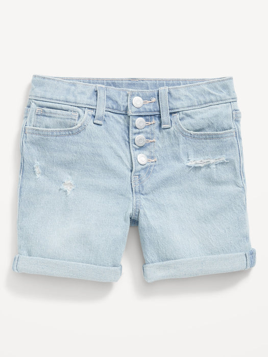 High-Waisted Button-Fly Ripped Jean Midi Shorts for Girls