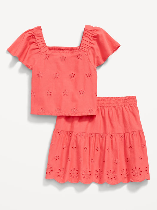 Flutter-Sleeve Floral Cutout Top and Skirt Set for Toddler Girls
