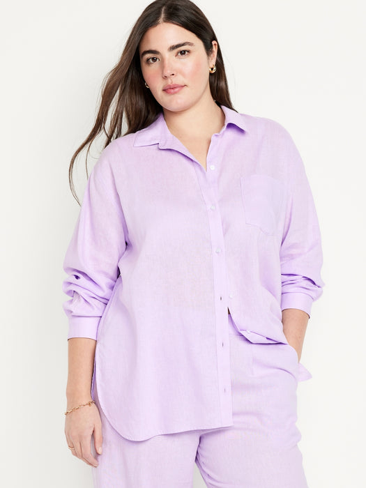 Linen-Blend Button-Down Boyfriend Shirt