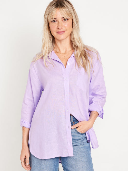 Linen-Blend Button-Down Boyfriend Shirt