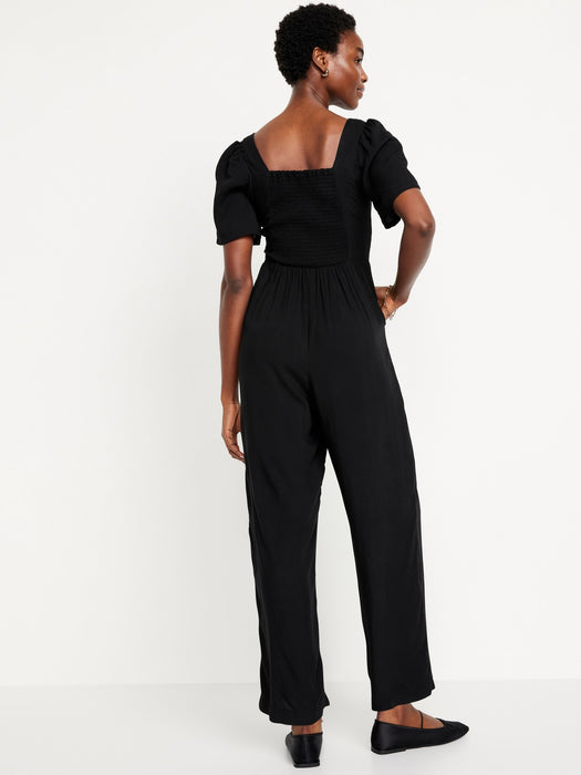 Waist-Defined Puff-Sleeve Jumpsuit