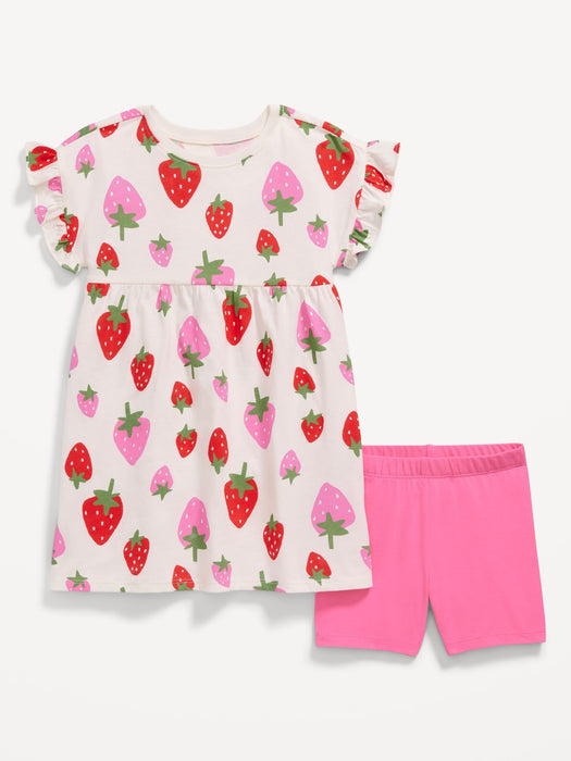 Printed Flutter-Sleeve Dress and Biker Shorts Set for Toddler Girls