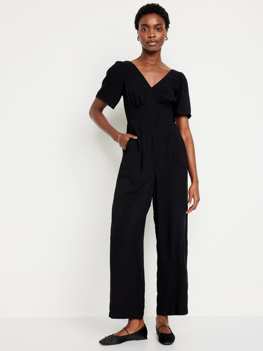 Waist-Defined Puff-Sleeve Jumpsuit