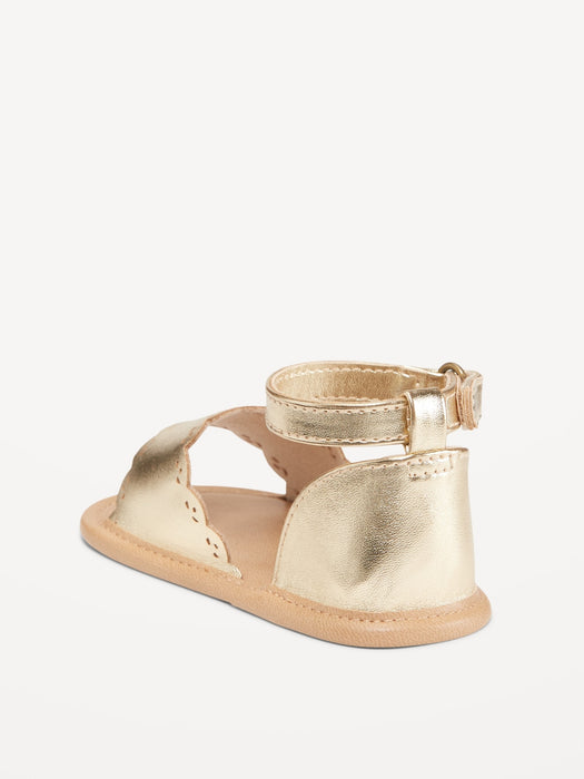 Metallic Faux-Leather Scallop-Trim Sandals for Baby