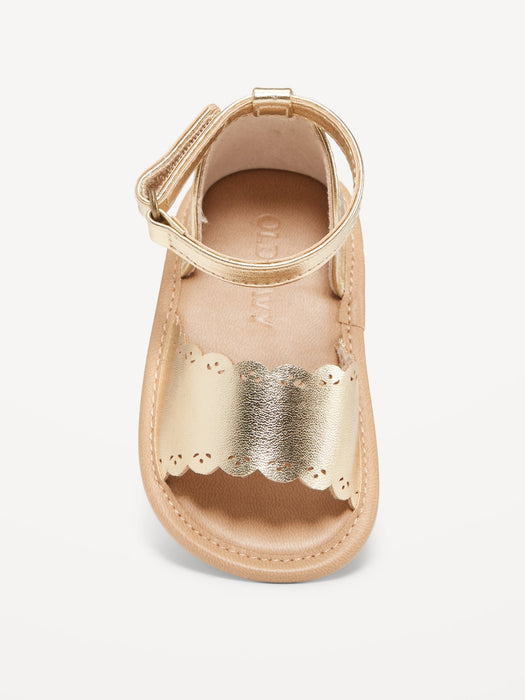 Metallic Faux-Leather Scallop-Trim Sandals for Baby