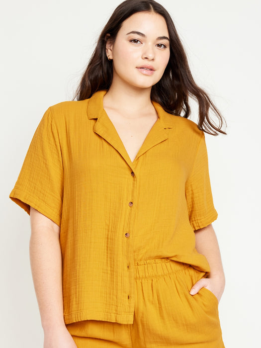 Crinkle Gauze Button-Down Top