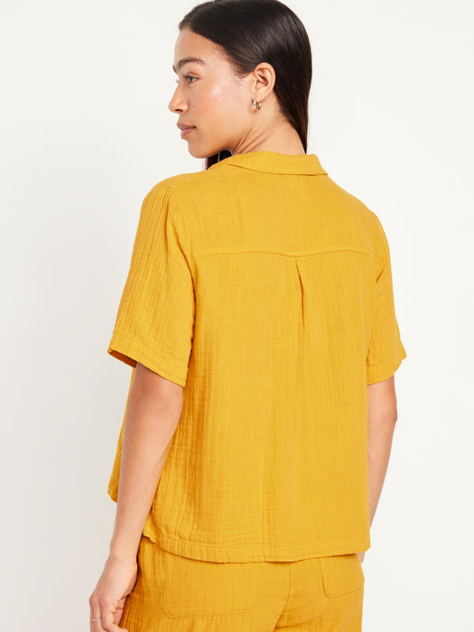 Crinkle Gauze Button-Down Top