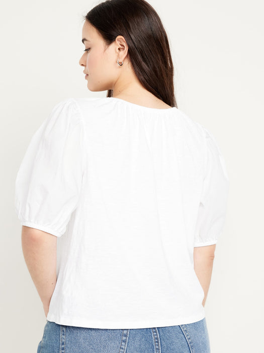 Puff-Sleeve Slub-Knit Top