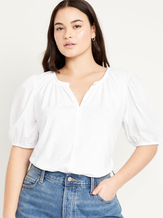 Puff-Sleeve Slub-Knit Top