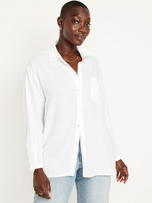 Linen-Blend Button-Down Boyfriend Shirt