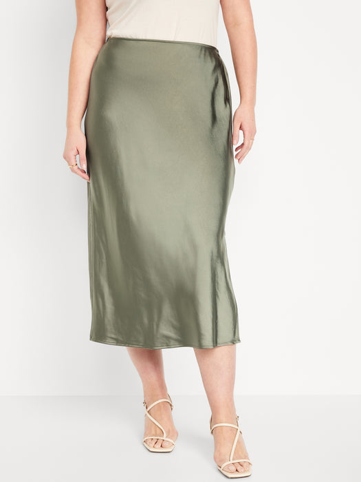 High-Waisted Satin Midi Slip Skirt