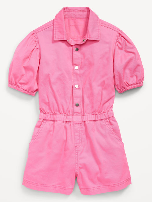 Puff-Sleeve Button-Front Romper for Girls