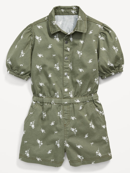 Puff-Sleeve Button-Front Romper for Girls