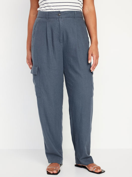 High-Waisted Linen-Blend Cargo Straight Pants