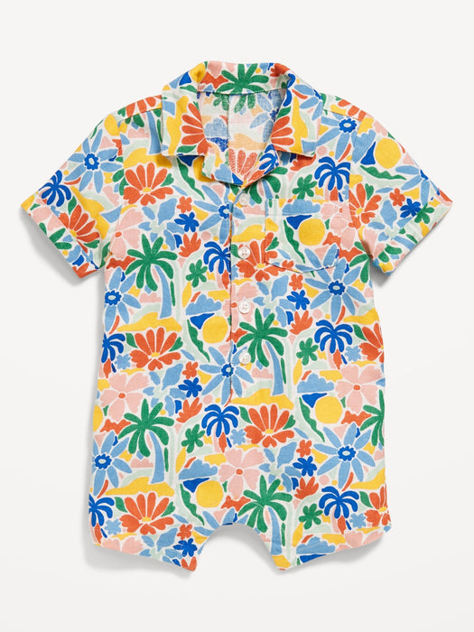 Printed Linen-Blend Pocket Romper for Baby