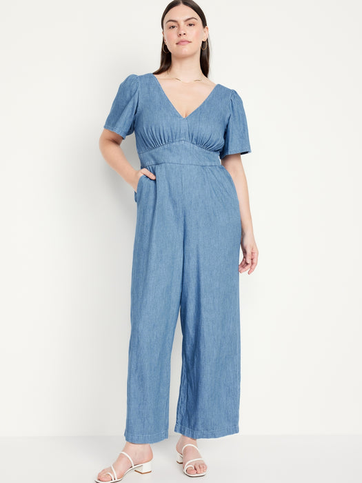 Waist-Defined Puff-Sleeve Jumpsuit