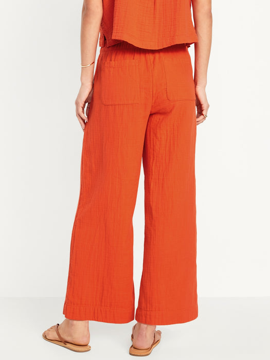 High-Waisted Crinkle Gauze Pull-On Ankle Pants