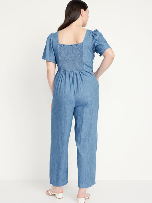 Waist-Defined Puff-Sleeve Jumpsuit