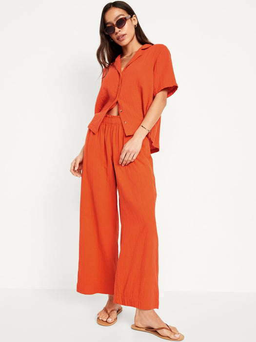 High-Waisted Crinkle Gauze Pull-On Ankle Pants