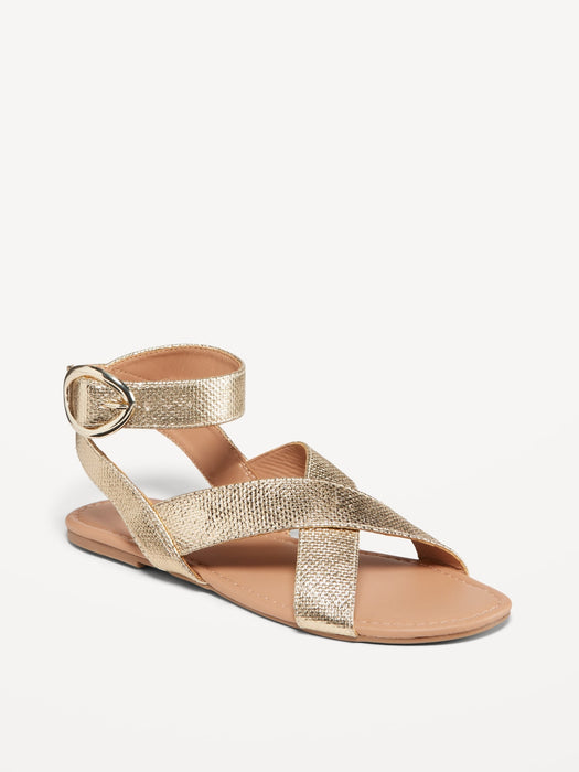 Faux-Leather Cross-Strap Buckle Sandals