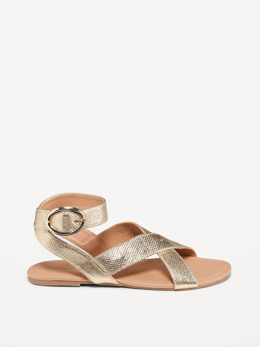 Faux-Leather Cross-Strap Buckle Sandals