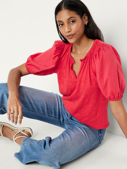 Puff-Sleeve Slub-Knit Top