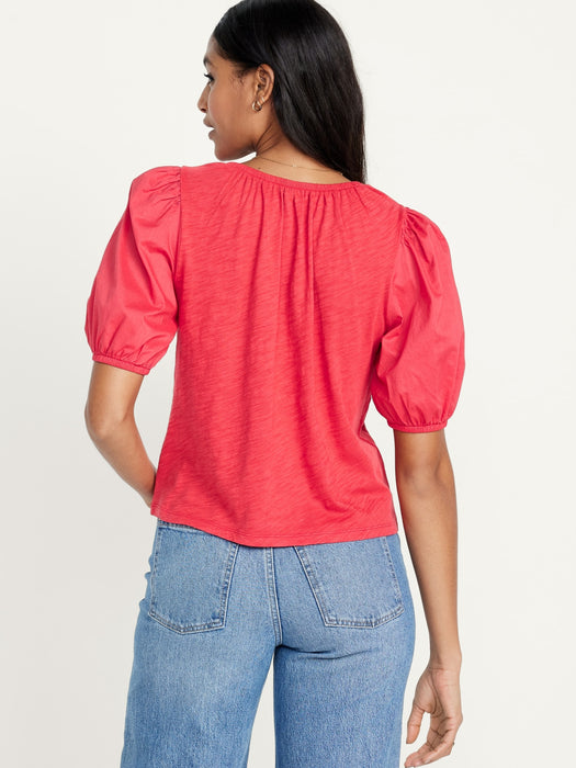 Puff-Sleeve Slub-Knit Top