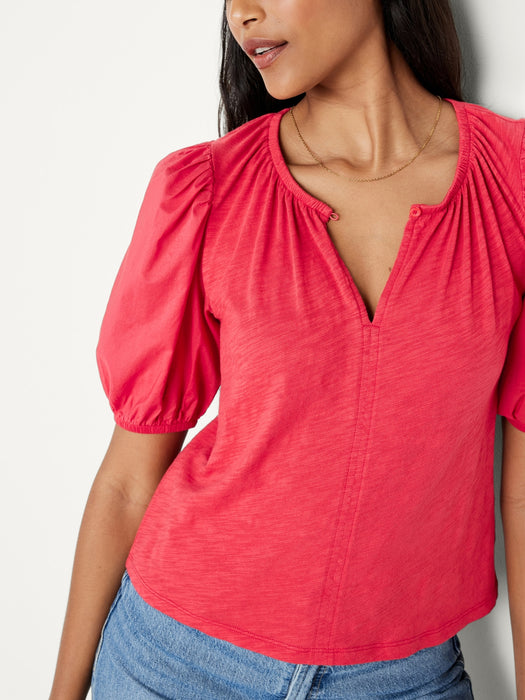 Puff-Sleeve Slub-Knit Top